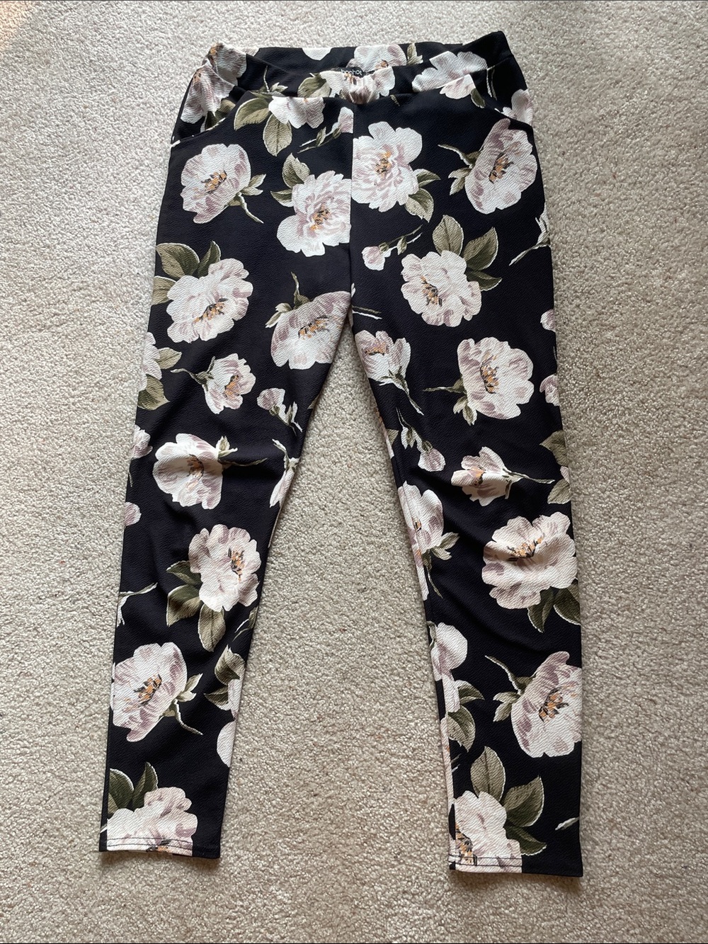 Boohoo Black Leggings with green and Cream Floral Print